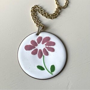 Vintage enamel on copper flower pendant w/ goldtone link chain necklace